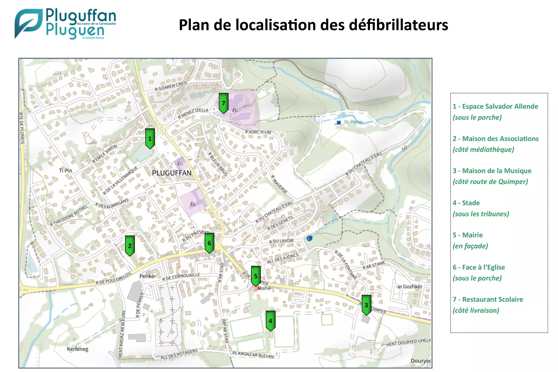 Plan des defibrilateurs commune de Pluguffan