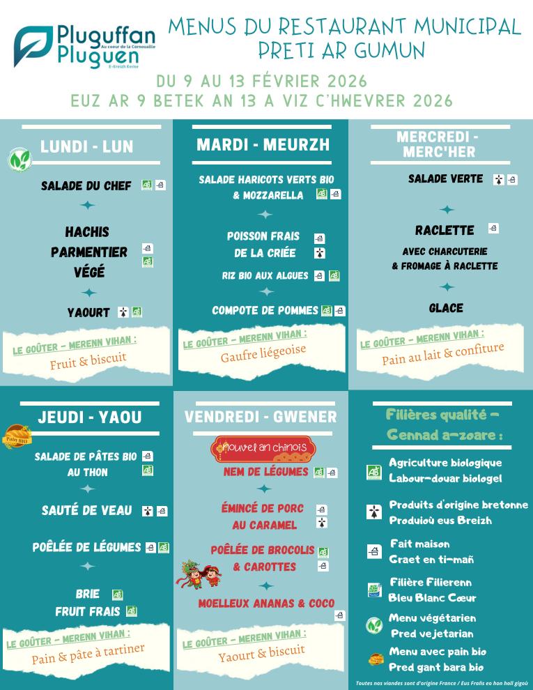 20 Menus du restaurant municipal semaine du 9 au 13 février 2026